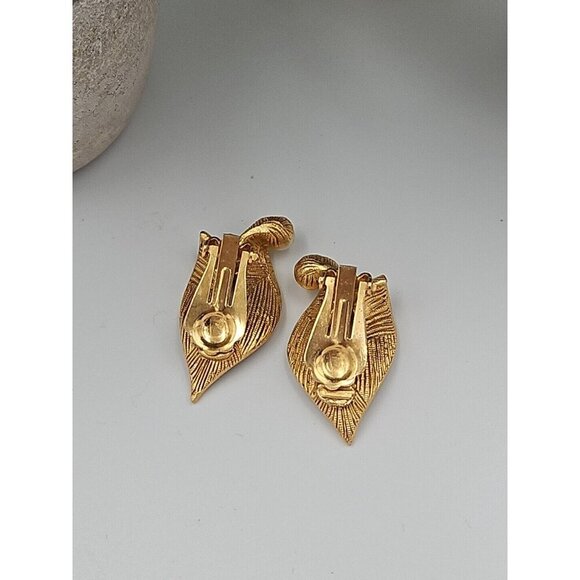 Vintage Clip On Satin Gold Leaf Shaped Earrings‎ with Rhinestones - Picture 2 of 3